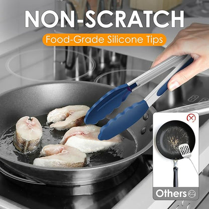 HOTEC Premium Stainless Steel Locking Kitchen Tongs with Silicon Tips, Set of 3-7", 9" and 12" (Classic Blue)