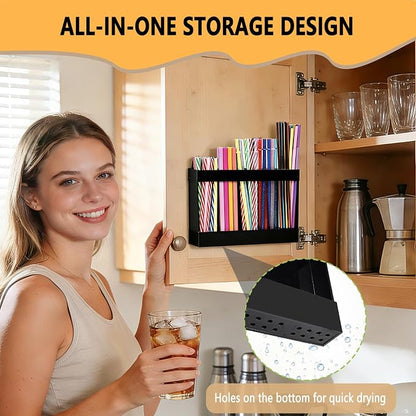 NTIERA 9.5" Large Acrylic Straw Holder for Cabinet Door-Reusable Tumbler Straw Organizer Storage,Small Kitchen Organizers and Storage Accessories Container, Ultra Sticky Cupboard Door Mounted(Black)