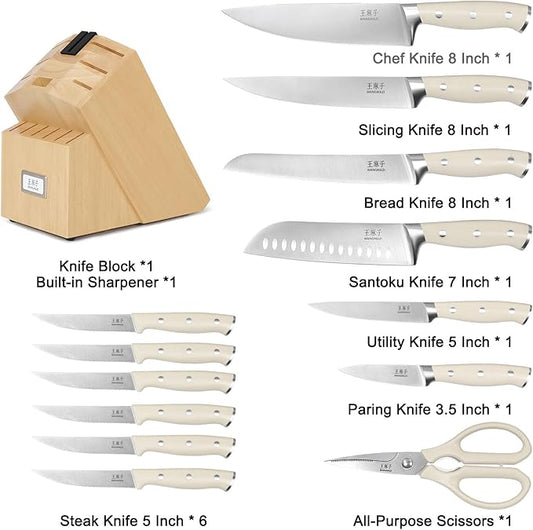 WANGMAZI Knife Set, 15 Pcs Knife Block Set with Built-in Sharpener, High Carbon Stainless Steel Kitchen Knives, Japanese Stainless Steel Knives, Home Essentials Perfect for Gifts, Natural Pro