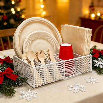 Paper Plate Organizer for Countertop - Metal Utensil Caddy Silverware Holder Cutlery Flatware Plastic Spoon Fork Plates Napkins Cup Storage Dispenser Party Picnic Essentials Camping White