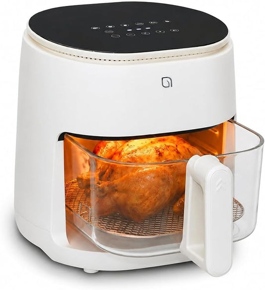 WILLOW Eco Series 6 in 1 Air Fryer with Glass Basket, 5 Quart Non Toxic Air Fryer w Digital Display, 430°F Max Temp, Preheat & Keep Warm Function, Compact + Dishwasher Safe Glass Airfryer - WHITE