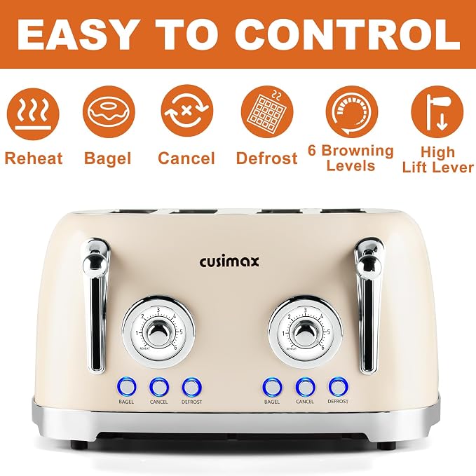 CUSIMAX Toaster 4 Slice, Retro Toaster with Wide Slots for Bagels, Stainless Steel with 6 Toast Settings, Bagel, Cancel, Defrost & Reheat Functions, Dual Independent Control Panels, Cream