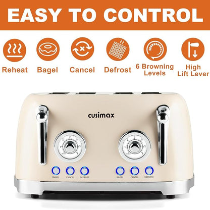 CUSIMAX Toaster 4 Slice, Retro Toaster with Wide Slots for Bagels, Stainless Steel with 6 Toast Settings, Bagel, Cancel, Defrost & Reheat Functions, Dual Independent Control Panels, Cream
