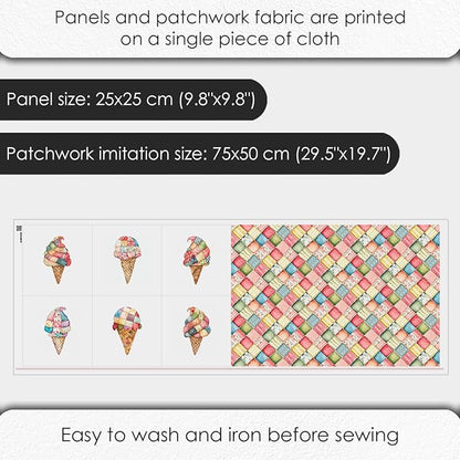 Patchwork Ice Cream Cotton Fabric Panel – 6 Designs (10×10 inch Each) + Bonus Sheet 29.5×19.6 inch, 100% Cotton 140 GSM, Made in Türkiye