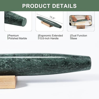 French Marble French Rolling Pin with Wooden Resting Base, 15 inch Kitchen Baking Tool for Baking with Non-Stick Surface, Ideal as a Dough Roller for Pie Crust, Cookie, Pasta