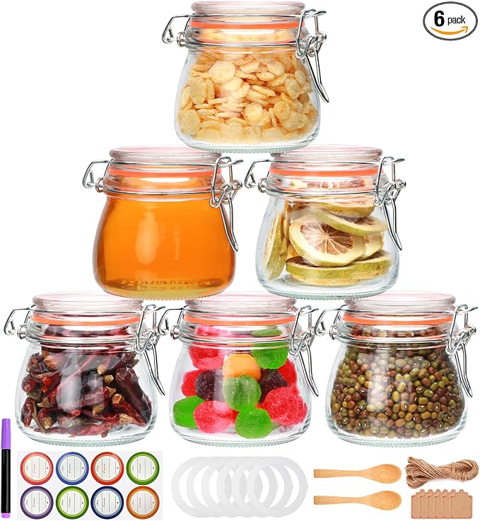 Flrolove 5oz 6pack Glass Jars with Airtight Lid, Glass Food Storage Containers with Lids, Mason Jars, Wire Clip Fastening for Cereal, Flour, Cookie, Spice, Honey, Kitchen Canning
