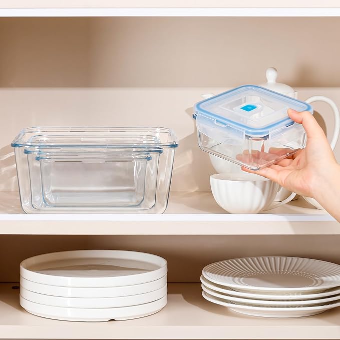 NUTRIUPS 112oz/68/34/17oz Large Glass Food Storage Containers with Airtight Lids, Square Meal Prep Container Set, Easy-Open Vented Lid, Oven Safe Baking Dish