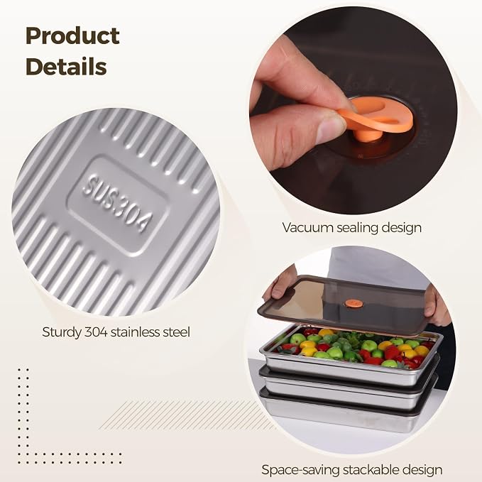 3 Pcs Stainless Steel Food Storage Containers, Stackable Square Dumpling Plate with Clear Lid, Leak-Proof & Space Saving, Ideal for Fridge, Kitchen & Picnic Food Storage