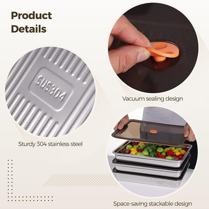3 Pcs Stainless Steel Food Storage Containers, Stackable Square Dumpling Plate with Clear Lid, Leak-Proof & Space Saving, Ideal for Fridge, Kitchen & Picnic Food Storage