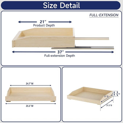 Pull Out Cabinet Organizer 25.5" W x 21" D, Soft Close Slide Out Wood Drawer Shelf for Kitchen Cabinets, Pull Out Cabinet Drawer for Base Cabinet, Pantry and Bathroom Storage, Bottom Mount