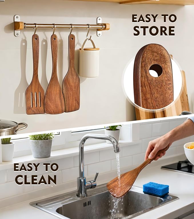 4Pcs Wooden Spatula for Cooking, Acacia Wooden Spatula for Kitchen Use, Nonstick Cookware Safe Utensils Set including Turner, Slotted Turner, Paddle and Scraper, Ideal Cooking Utensils Gift Set