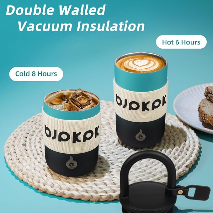 BJPKPK 10oz Insulated Loop Tumbler With Lid And Handle Stainless Steel Travel Coffee Mug Thermal Cups,TealBlack