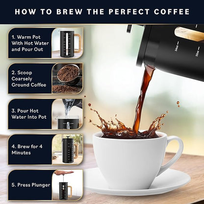 Home Hero French Press Coffee Maker - 34 oz Coffee Press with Bamboo Wood Handle, Heat Resistant Thick Borosilicate Glass French Presses, 4 Layer Filter, French Press Stainless Steel (Black)