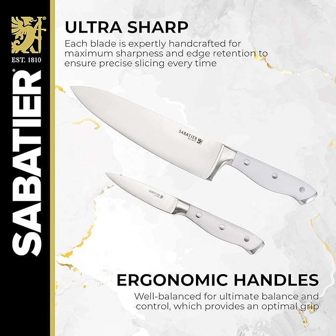 Sabatier Acacia Forged Triple Rivet Edgekeeper Knife Block Set, 15-Piece, White
