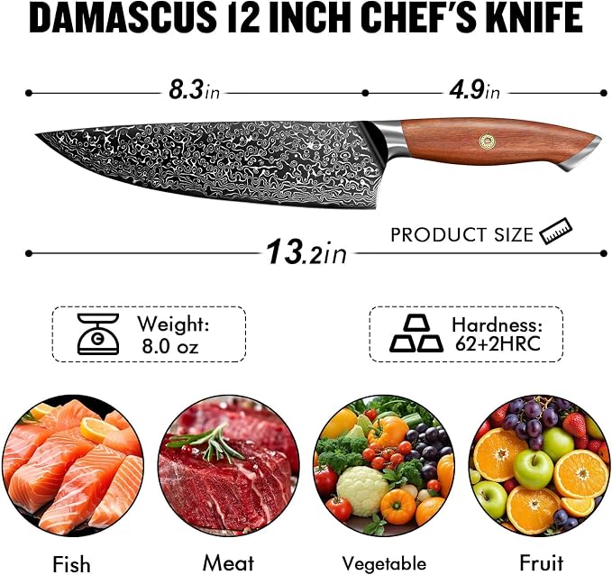 Freelander Damascus Chef Knife 8 Inch, 67-Layer VG10 Core Japanese Steel, Walnut Handle with Mosaic Pin, Full Tang Design, HRC 62 Sharp Blade, Gift-Ready Kitchen Knife