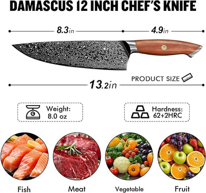 Freelander Damascus Chef Knife 8 Inch, 67-Layer VG10 Core Japanese Steel, Walnut Handle with Mosaic Pin, Full Tang Design, HRC 62 Sharp Blade, Gift-Ready Kitchen Knife