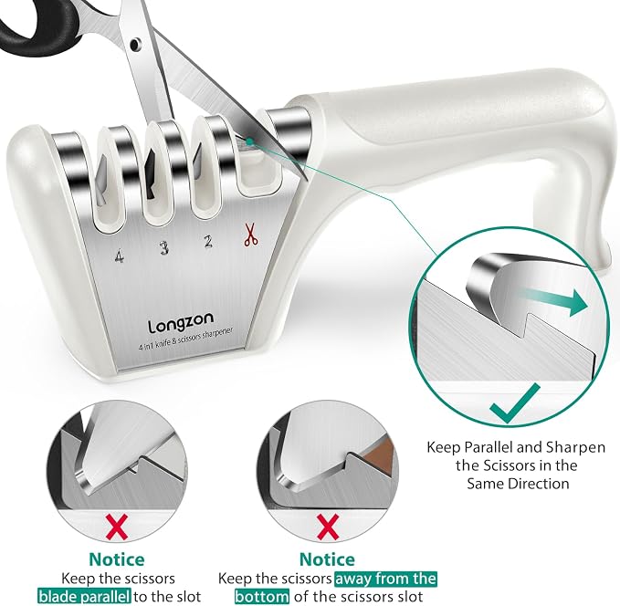 Longzon 5-in-1 Knife Sharpener 4 Stage with Cut-Resistant Glove, Quickly Sharpens & Restores Dull Blades, Easy & Safe for Home Kitchen Use, Fits Most Knives and Scissors, Off-white