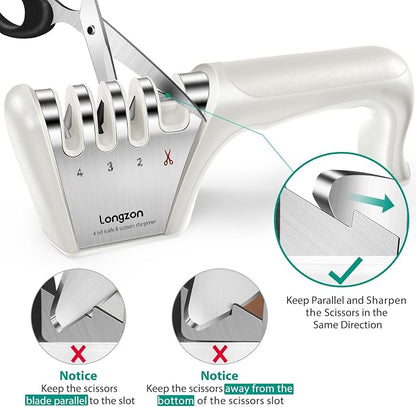 Longzon 5-in-1 Knife Sharpener 4 Stage with Cut-Resistant Glove, Quickly Sharpens & Restores Dull Blades, Easy & Safe for Home Kitchen Use, Fits Most Knives and Scissors, Off-white