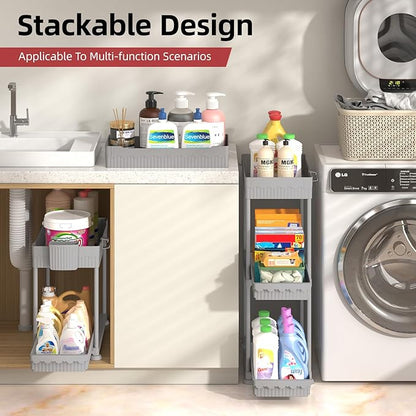 Sevenblue Under Sink Organizer, Bathroom Organizers and Storage, 2 Tier Multi-Use Pull Out Cabinet Organizer with Hang Hooks and Cups (Gray, 4 Pack)