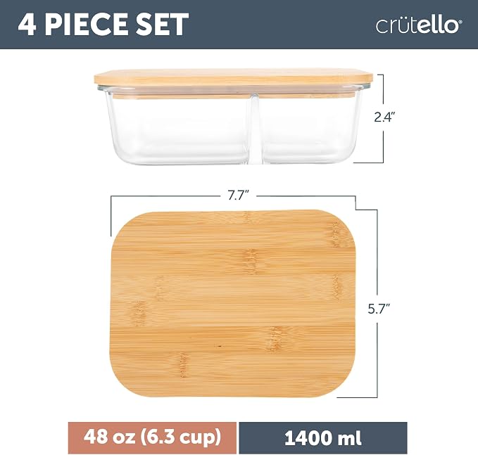 Crutello Glass Storage Containers with Bamboo Lids - Eco-Friendly Non Toxic Meal Prep Jars with Wooden Lid for Fridge and Kitchen Organization - Non Plastic Container for Fruit Bowls - 48 oz - 4 Pack