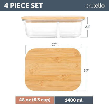 Crutello Glass Storage Containers with Bamboo Lids - Eco-Friendly Non Toxic Meal Prep Jars with Wooden Lid for Fridge and Kitchen Organization - Non Plastic Container for Fruit Bowls - 48 oz - 4 Pack