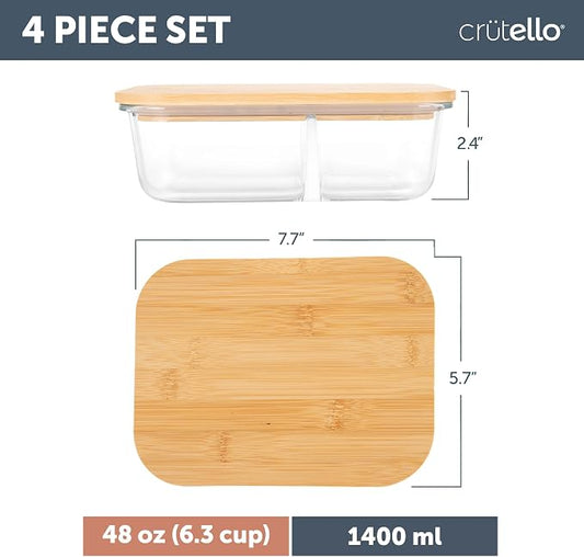 Crutello Glass Storage Containers with Bamboo Lids - Eco-Friendly Non Toxic Meal Prep Jars with Wooden Lid for Fridge and Kitchen Organization - Non Plastic Container for Fruit Bowls - 48 oz - 4 Pack