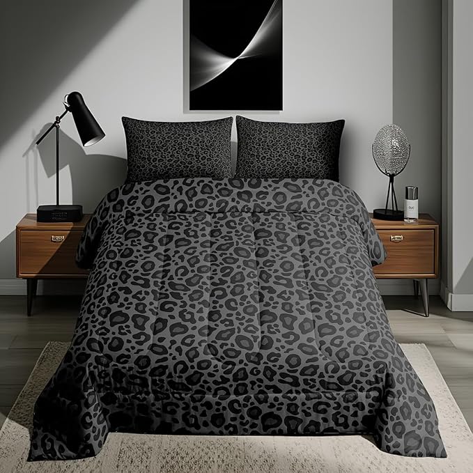 Manfei Black Wild Animal Skin Boys Girls Comforter Set Full Size Leopard Print Duvet Set Teens Bedroom Decor African Cheetah Wildlife Microfiber Soft Bedding