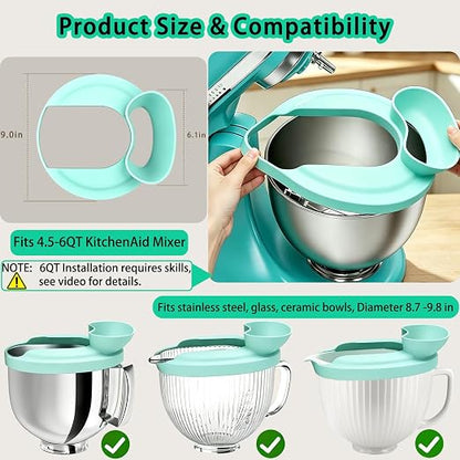 Flour Funnel with Pouring Shield for KitchenAid 4.5-6QT Mixer, Silicone Splash Guard with Flour Funnel for Kitchen Aid Mixer Tilt-Head and Bowl-Lift, Dishwasher Safe Baking Tool (Aqua Sky)