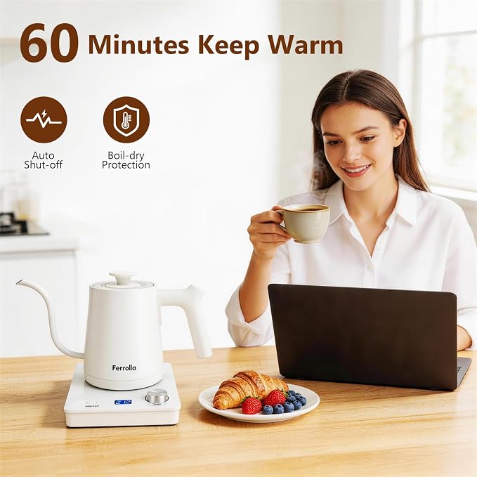 Electric Gooseneck Kettle White with Digit LED Display and Dial Control, Pour Over Kettle for Coffee & Tea, Hot Water Boiler, Stainless Steel Inner Lid & Bottom, 1300W, 0.8L