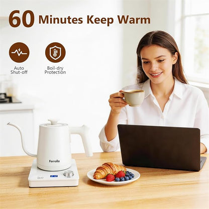 Electric Gooseneck Kettle White with Digit LED Display and Dial Control, Pour Over Kettle for Coffee & Tea, Hot Water Boiler, Stainless Steel Inner Lid & Bottom, 1300W, 0.8L