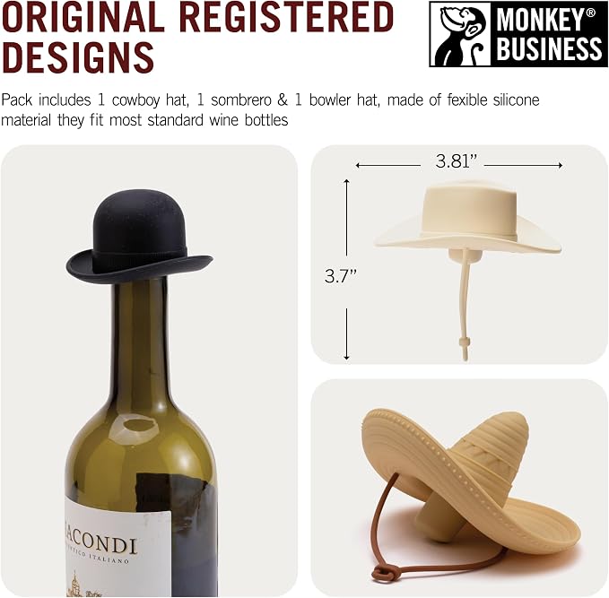 Monkey Business Showdown Silicone Wine Stoppers (Set of 3) – Fun selection of Cowboy Hats: Howdy, elCorko, & Bowler | Food-Grade, Leakproof Novelty Gifts for Wine Lovers