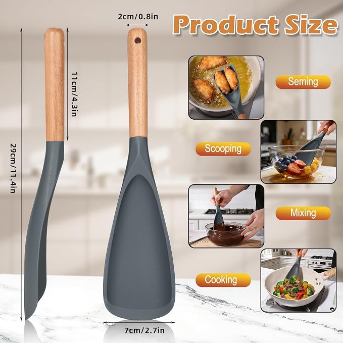 Cooking Spoon Set with Wooden Handle, Heat-Resistant Kitchen Utensils for Stirring, Mixing, Serving, Non-Stick Cookware (GRAY - 1Pack)