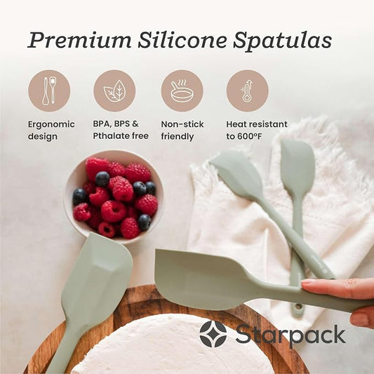 Starpack 'Scrape and Stir' Silicone Rubber Spatula Set (4-Piece) - LFGB Non Toxic, 600°F Heat Resistant, BPA-Free, One-Piece Kitchen Baking Spatulas - Dishwasher Safe for Nonstick Cookware Sage Green