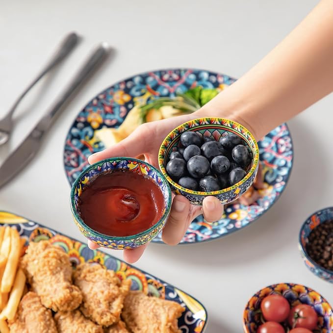 vancasso SIMI 2.7 Oz Ceramic Dipping Bowls Sets of 6, Bohemian Small Bowls for Sauce, 3 Inch Mini Appetizer Plates for Soy Sauce, Sushi, Condiments & Side Dishes, Microwave & Dishwasher Safe