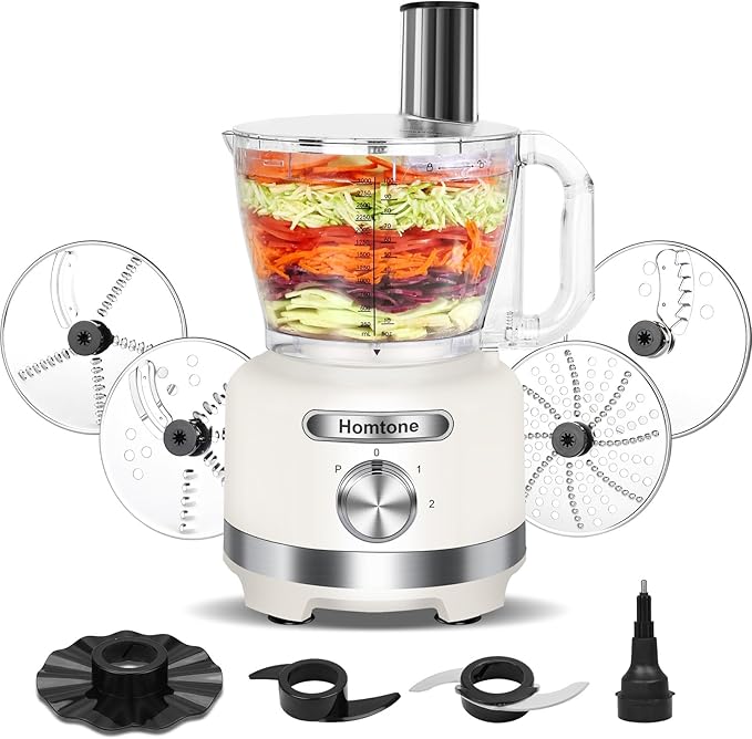 Homtone 16 Cups Food Processor, Large Food Chopper with French Fry Cutter, 9 Functions 7 Blades for Shredding, Slicing, Doughing for Home Use, 3 Speeds, 600W (Beige, 16 Cup)