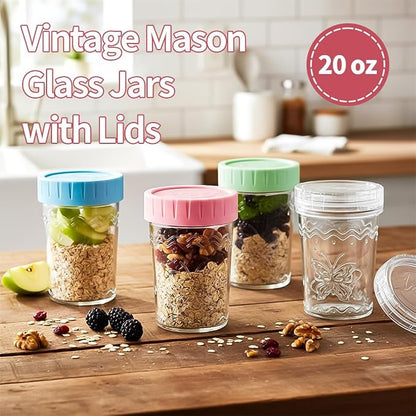 4-Pack 20oz Glass Jars with Lids, Mason Jars, BPA free Wide Mouth Glass Jars with Lids, Food Storage Containers for Snacks, Yogurt, Salad, Fridge, Meal Prep（Mixed color）