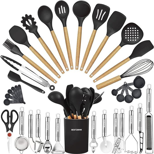 Cooking Utensils Set- 35 PCs Kitchen Utensils with Grater,Tongs, Spoon Spatula &Turner Made of Heat Resistant Food Grade Silicone and Wooden Handles Kitchen Gadgets Tools Set for Nonstick Cookware