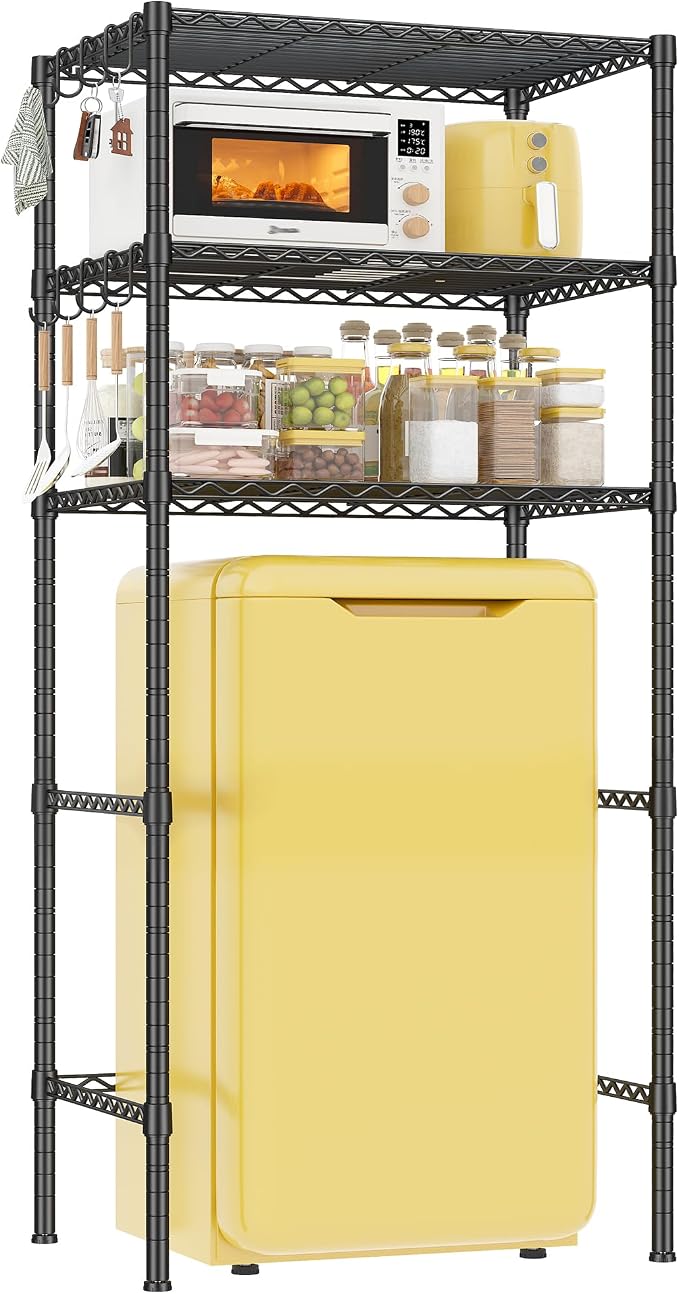 REIBII 3-Tier Mini Fridge Shelf with Storage, 264LBS Metal Shelving with 8 Hooks, Adjustable Height Organizer for Dorm, Kitchen, Apartment & Office, Microwave Rack, 26.38" Wx18.1 Dx65.36 H, Black