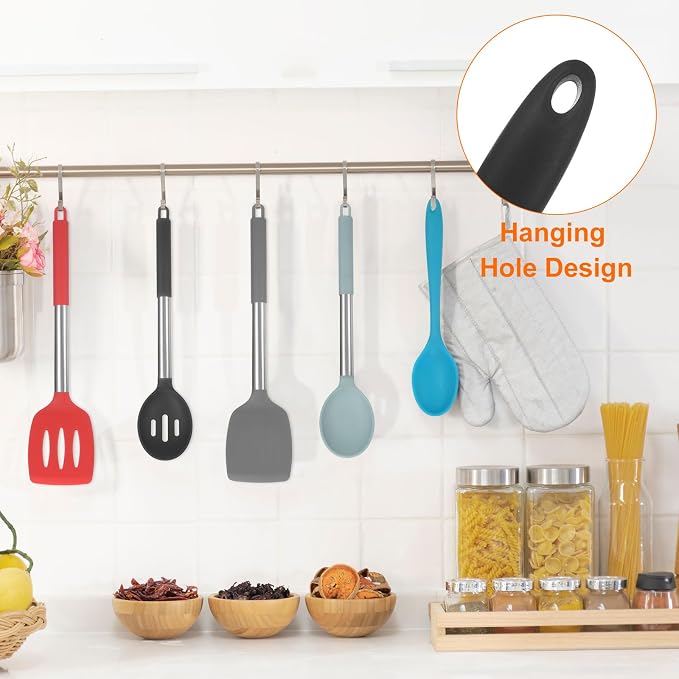 HARFINGTON 2Pcs Silicone Spoons, Heat Resistant Kitchen Cooking Utensil Spoon for Cooking, Mixing, Stirring and Serving, Black