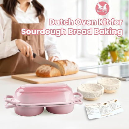 YONILL Mini Double Dutch Oven for Sourdough Bread Baking - Enameled Cast Iron Dutch Oven Pot with Lid and 5" Banneton Bread Proofing Basket Kit, Dual Round Bread Loaf Pan for Homemade Baking (Pink)