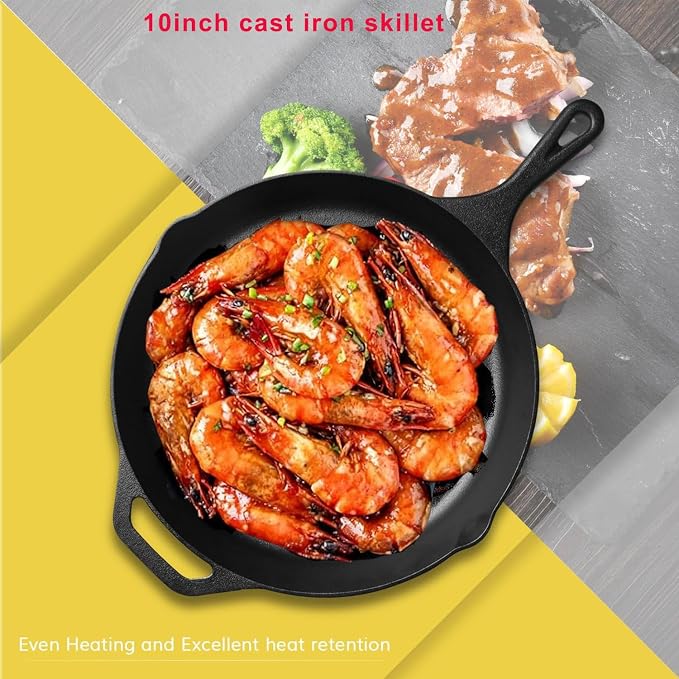 Cast Iron Skillet 3-Piece Set, Heavy-Duty Professional Restaurant Chef Pre-Seasoned Cookware Set, 6", 8", 10" Pans with Silicone Hot Handle Holder For Frying, Saute, Cooking, Oven, Grill