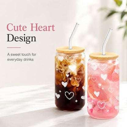 Glass Cups with Lids and Straws with Heart Design, 4 Pack 16 oz Cute Glass Iced Coffee Cups for Friends, Couples, Tea and Juice