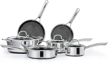 ROVSUN 10 Pcs Non-Stick Cookware Set, Stainless Steel Pots and Pans Set with Lids, Non-Toxic Kitchen Set Chef's Pan, PFOA & PTFE Free, Compatible for All Cooktops