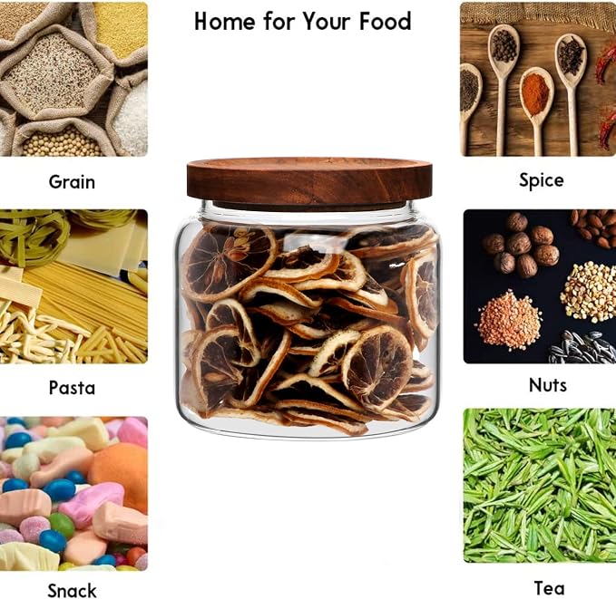 Glass Jars,Set of 4 Glass Food Storage Containers with Wooden Lids,Clear Glass Canister Sets for Sugar,Tea,Coffee,Snack,Spice,Herbs(33 oz/ 1000 ml)