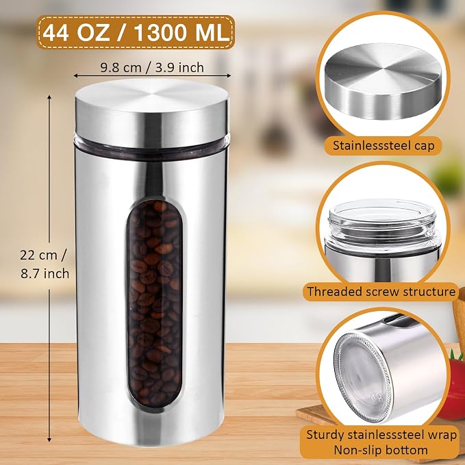Mimorou 3 Pcs Stainless Steel Canister Set with Glass Windows Visible Storage Jars Silver Kitchen Canister Set for Pasta Flour Oat Sugar Container, Kitchen Tools, Housewarming Gifts(44 oz)