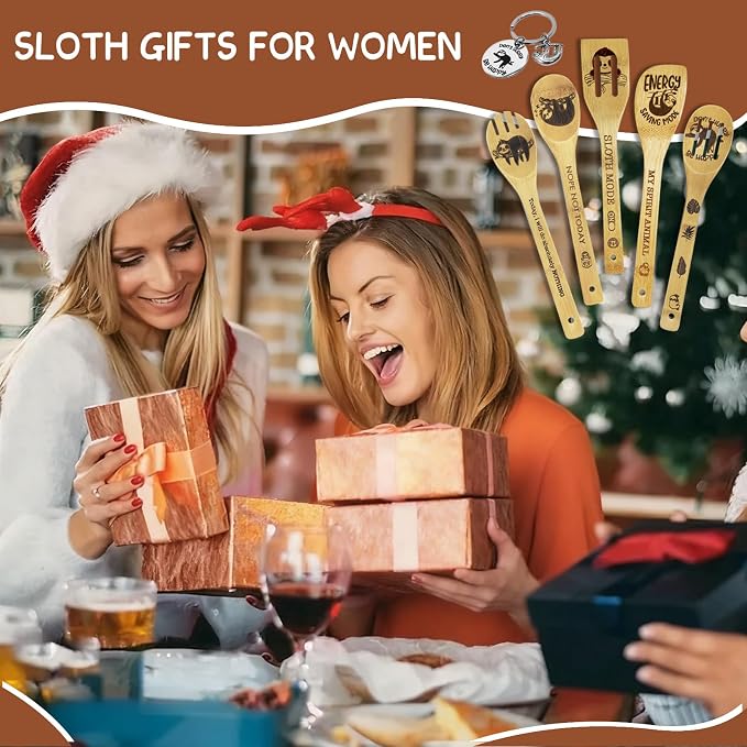 Sloth Gifts for Women - 6PCS Unique Print Bamboo Spoons Set With Keychain, Kitchen Decor for Mom, Best Friend