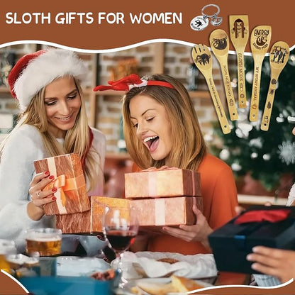 Sloth Gifts for Women - 6PCS Unique Print Bamboo Spoons Set With Keychain, Kitchen Decor for Mom, Best Friend