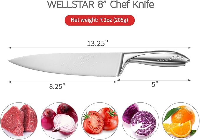 WELLSTAR Chef Knife with Sheath, Sharp Kitchen Knife 8 inch Cooking Knives with German HC Steel - Silver