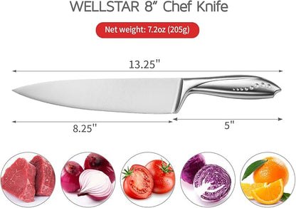 WELLSTAR Chef Knife with Sheath, Sharp Kitchen Knife 8 inch Cooking Knives with German HC Steel - Silver