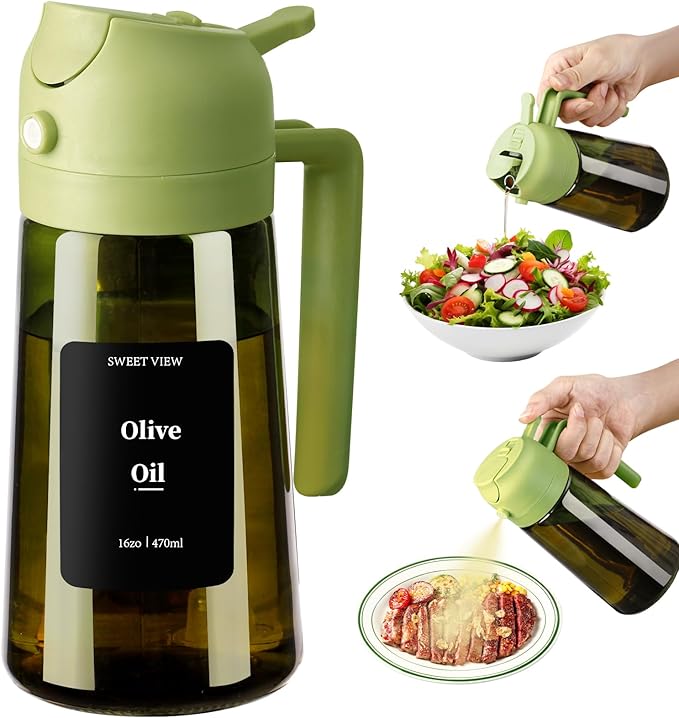 SWEET VIEW Olive Oil Dispenser and Oil Sprayer – 16oz/470ml Glass Light-Proof Oil Pourer for Kitchen Air Fryer, Cooking, Salad, and BBQ, with Stickers